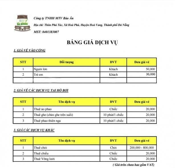 giá vé khu du lịch sinh thái Lái Thiêu Đà Nẵng